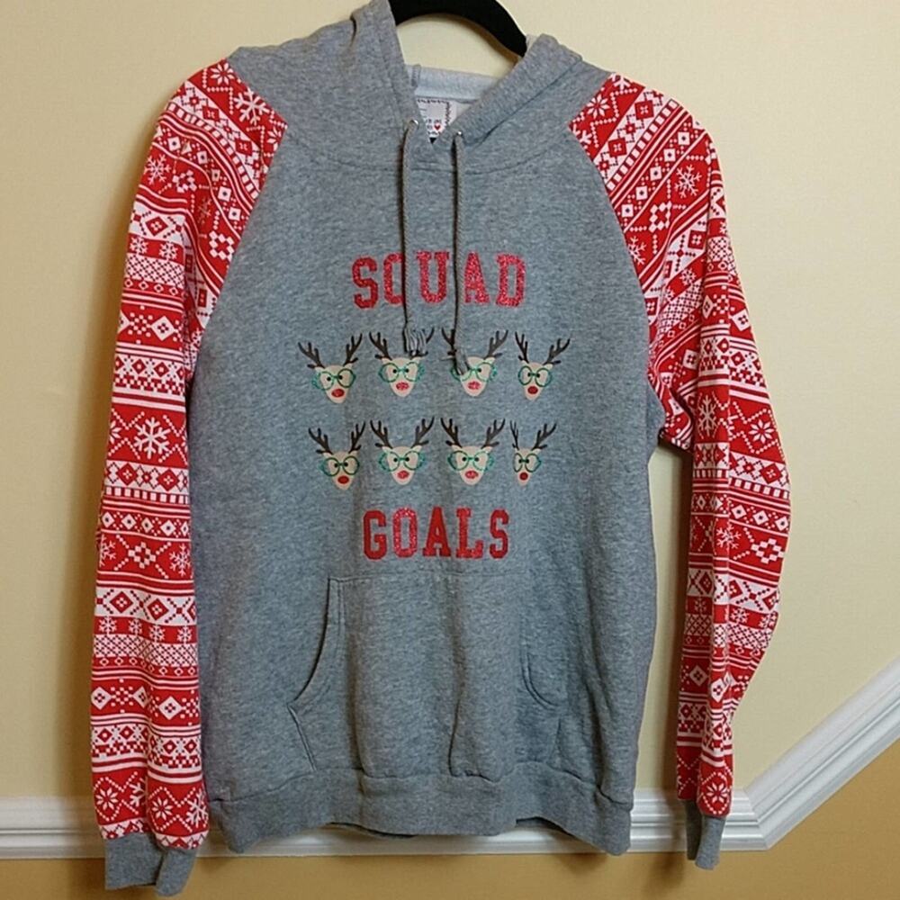 Derek Heart "Squad Goals" Festive Reindeer in Eyeglasses Raglan Hoodie size XL